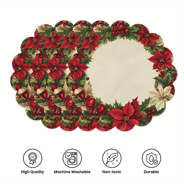 Set of 4 poinsettia wreath placemats with cream centre, Style B