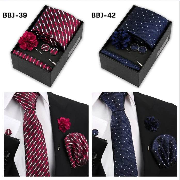 Four men's tie gift sets in assorted patterns with style codes