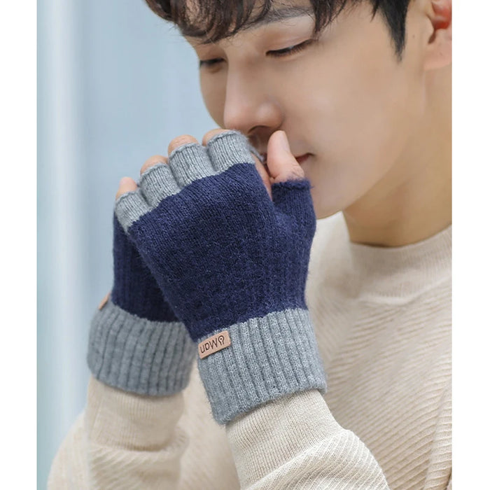 Men Winter Half Finger Knitted Elastic Gloves for Driving