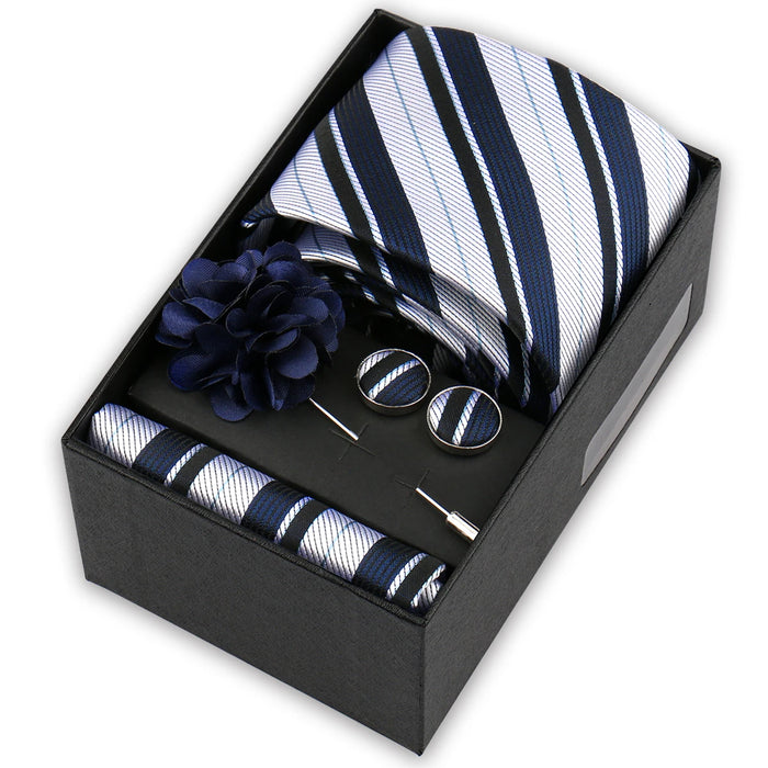 Men's tie gift set, style BBJ-05: tie, pocket square, cufflinks and pins in a gift box