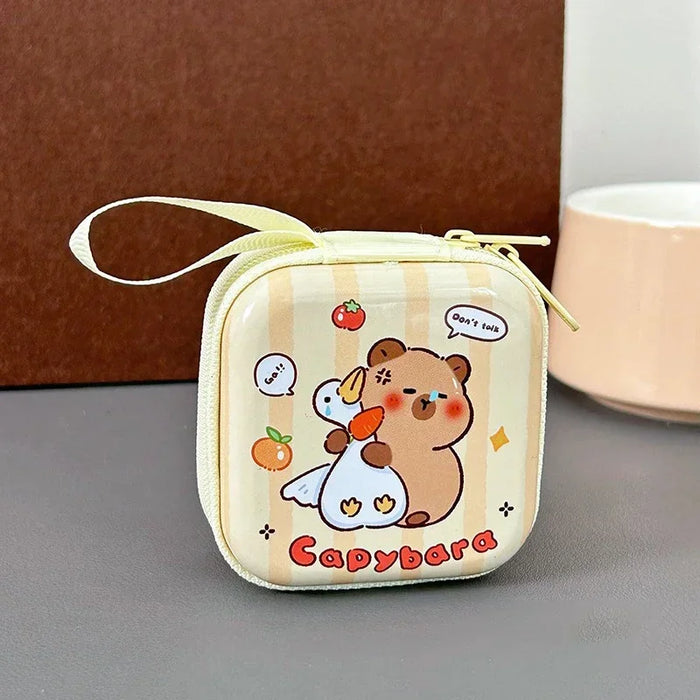 New Capybara Tinplate Wallet Coin Purse Creative Round Mini Portable Earphone Bag Cute Cartoon Animal Coin Key Storage Bag