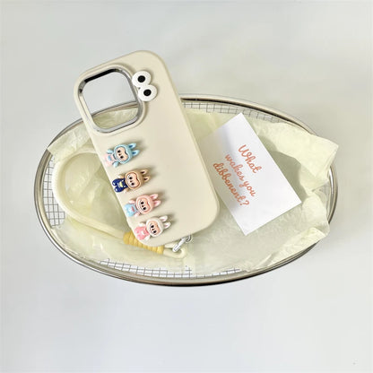 3D labubu Cartoon Phone Case For iPhone 16 15 14 13  Plus Pro Max With Wrist Strap Cute Eyes Soft Cover