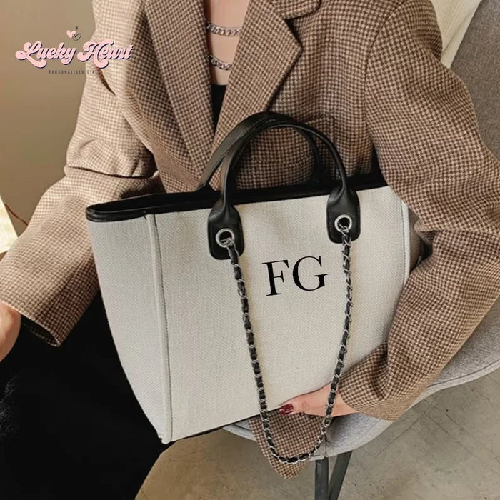 Personalised Chain Monogram Canvas Tote Bag Shoulder Bag