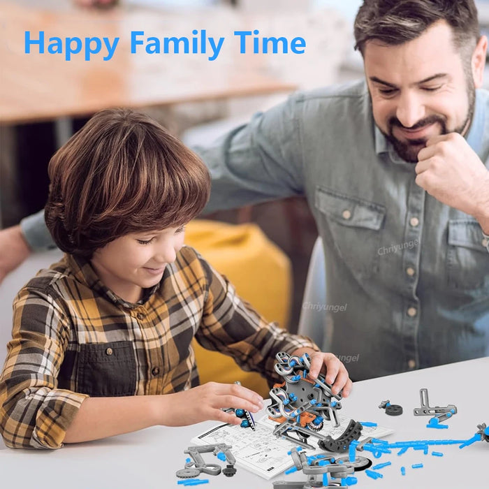 Father and son building a solar robot kit together