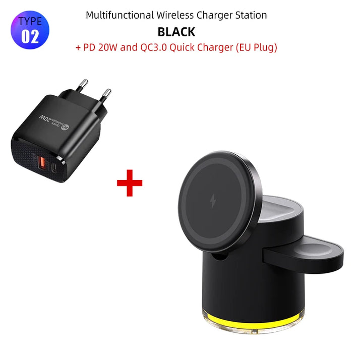4 in 1 Magnetic Wireless Charger Station for IPhone 15 14 13 12 Pro iWatch 8 7 6 Airpods Pro Samsung 15W Charging Dock Station