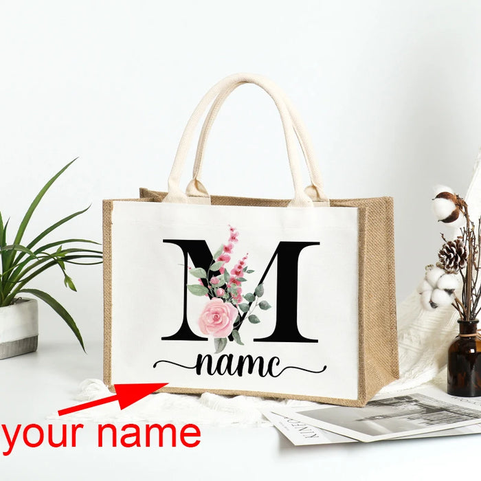 Personalized Name Burlap Tote Shopper Bridesmaid Large Jute Gift Bag Linen