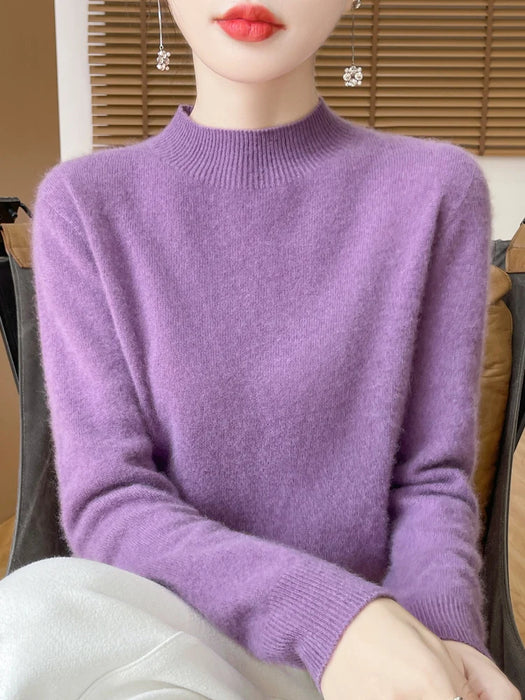 Fashion 100% Wool Sweater Women's Mock-Neck Knitwear Cashmere Pullovers Autumn Winter Long Sleeve Jumpers Clothing Tops