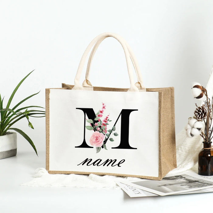 Personalized Name Burlap Tote Shopper Bridesmaid Large Jute Gift Bag Linen