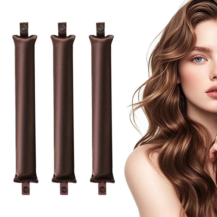 Three coffee-brown satin curling rods beside a woman with wavy hair