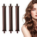 Three coffee-brown satin curling rods beside a woman with wavy hair