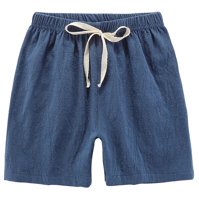 Dark blue kids' cotton linen shorts with a white drawstring