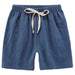 Dark blue kids' cotton linen shorts with a white drawstring
