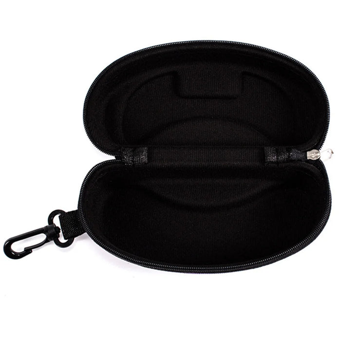 Open sunglasses case showing the black soft lining