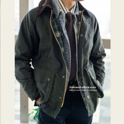 British Vintage Oil Wax Hunting Jacket Cargo Waterproof Trench Coat
