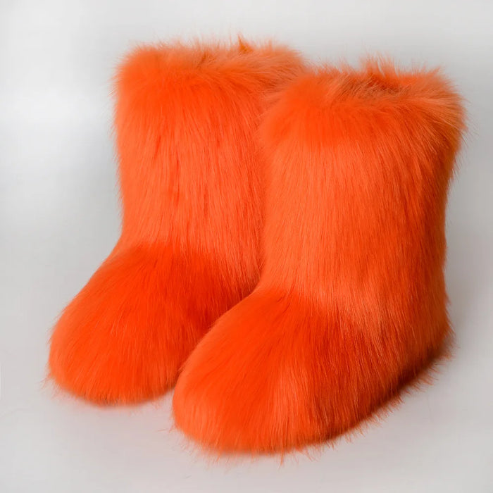 Women Faux Fur Boots Winter Fluffy Plush Warm Mid Calf Snow Boots Luxury Fashion Furry Boots Comfortable Outdoor Flat Shoes