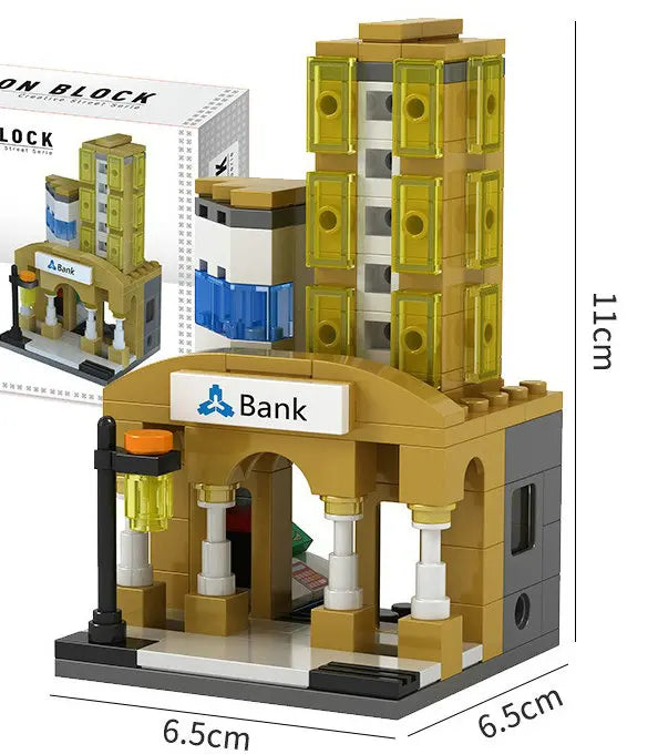 Bank building block model with yellow tower, 11 cm tall