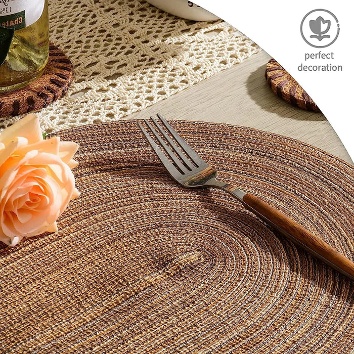 Close-up of a braided placemat with a fork and roses