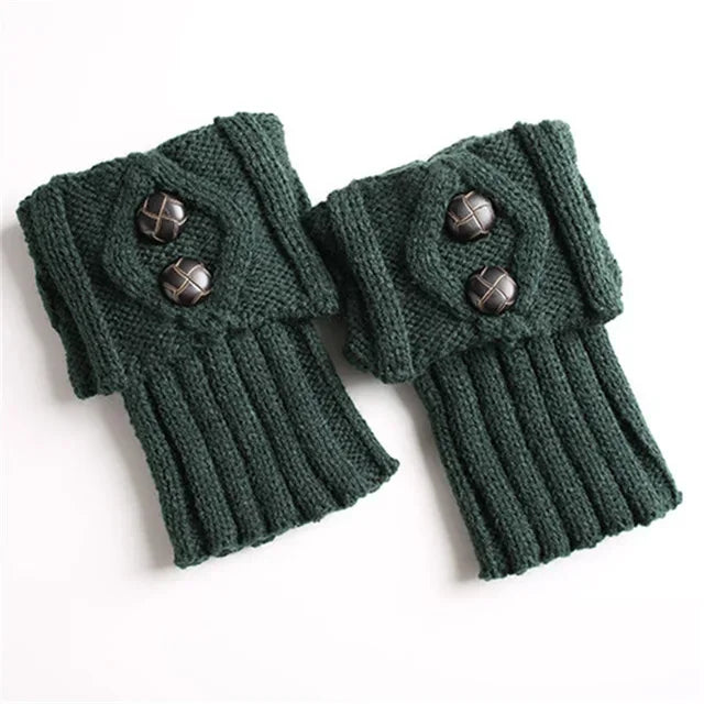 Pair of green knit leg warmers with two buttons