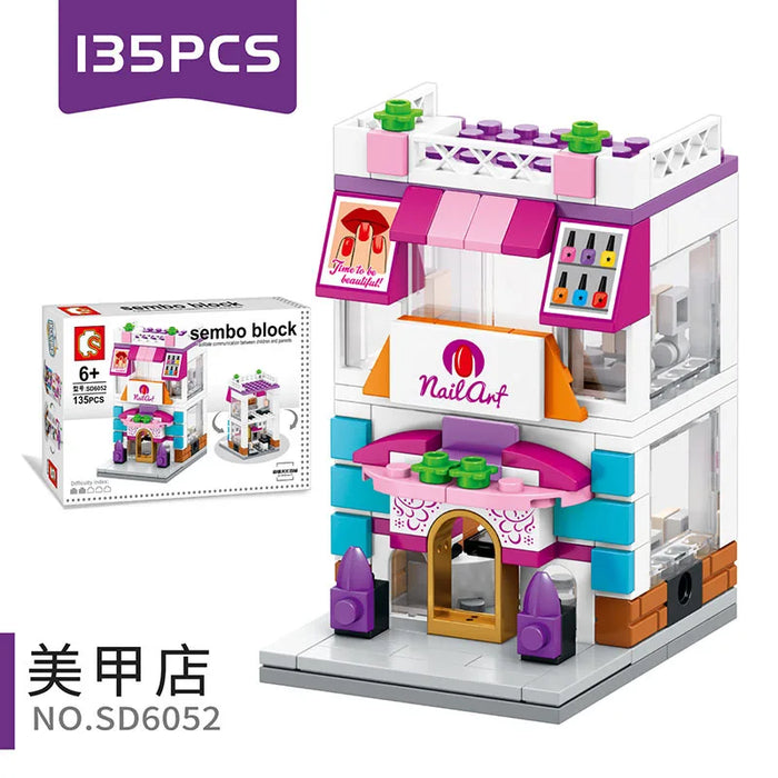 Nail salon building block model in pink and white, 135 pieces