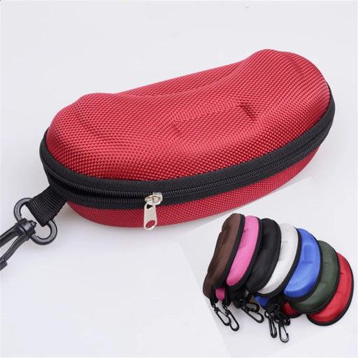 Red hard shell sunglasses case with clip, with other colours behind