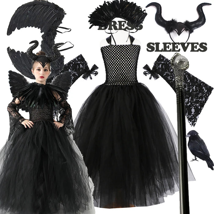 2026 New Halloween Costume Tulle Dress for Girls Cosplay Evil Queen Black Mesh Princess Dress Kids Clothes