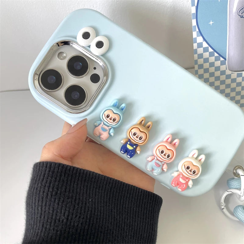3D labubu Cartoon Phone Case For iPhone 16 15 14 13  Plus Pro Max With Wrist Strap Cute Eyes Soft Cover