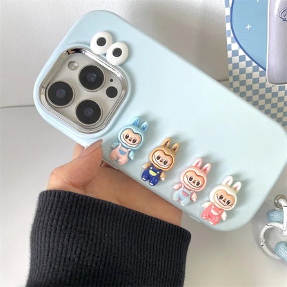 3D labubu Cartoon Phone Case For iPhone 16 15 14 13  Plus Pro Max With Wrist Strap Cute Eyes Soft Cover