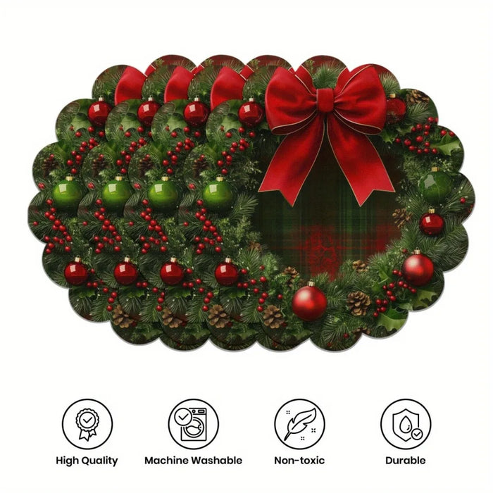 Set of 4 green wreath placemats with red bow, Style C