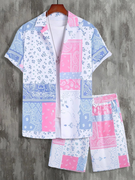 2024 Men Sets Print Patchwork Lapel Short Sleeve Casual Shirt Beach Shorts Summer Streetwear Vacation Hawaiian Suits Men S-5XL
