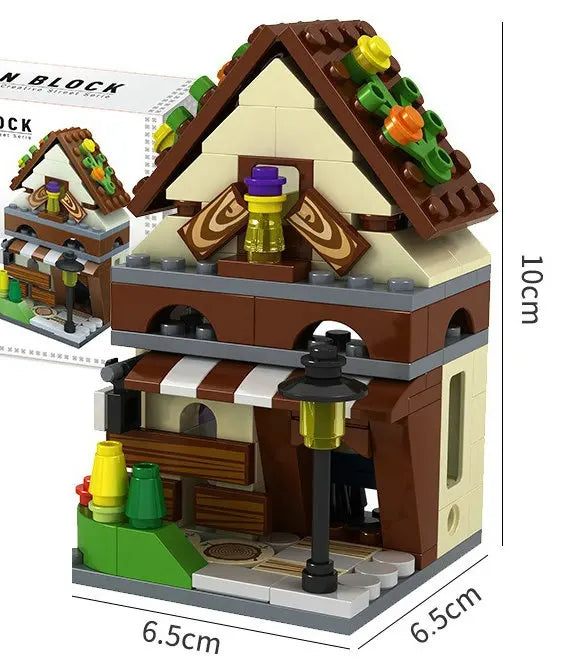 Brown cottage café building block model, 10 cm tall