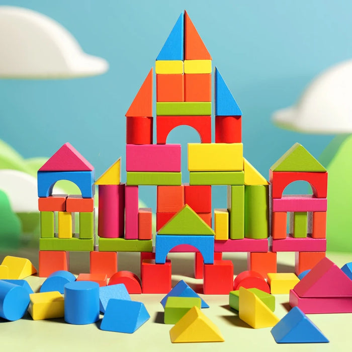 Large castle built from colourful wooden blocks