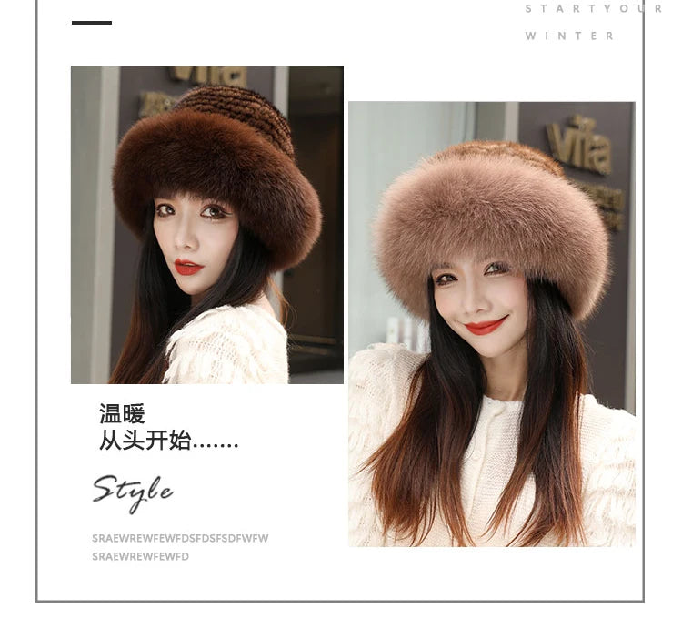 New Women Winter Luxury Knitted Real Mink Fur Bomber Hat Natural Warm Fox Fur Cap Girls Quality Soft 100% Genuine Mink Fur Hats