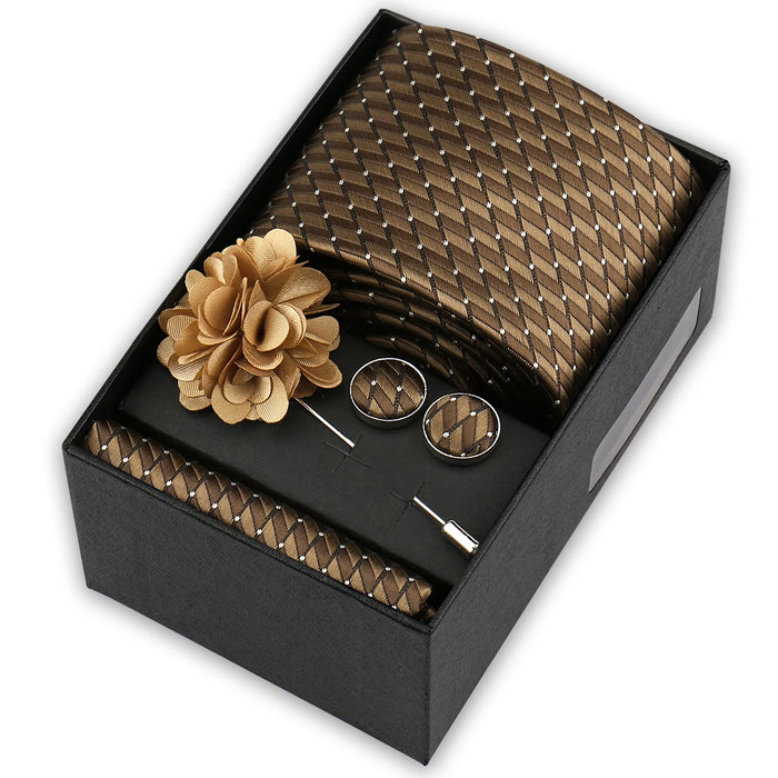 Men's tie gift set, style BBJ-34: tie, pocket square, cufflinks and pins in a gift box