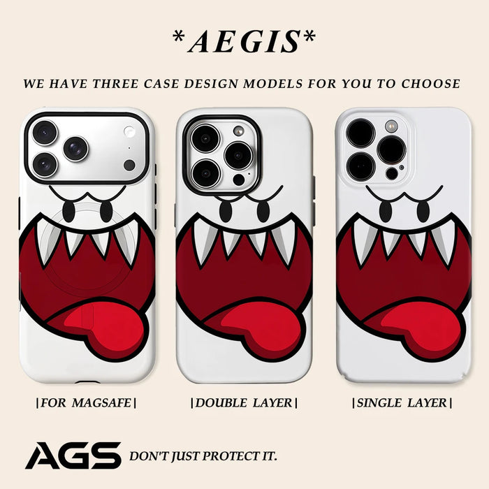 White cartoon ghost face phone case in three versions: MagSafe magnetic, double layer and single layer