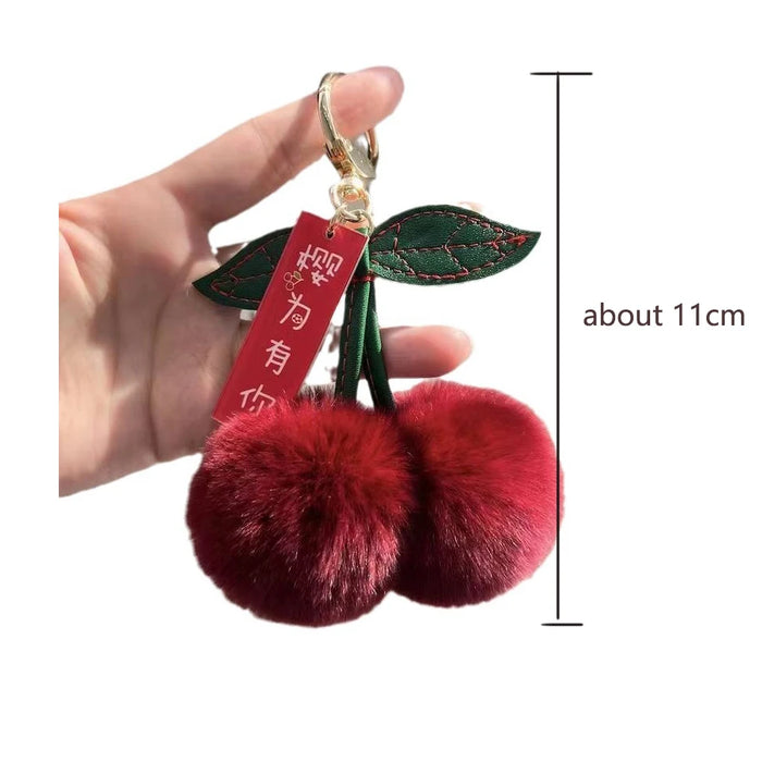 Cute Soft Fluffy Red Rabbit Fur Ball Pompom Leaf Keychain Cherry Key Chain Bag Key Car KeyChains Dec Pendant Gift