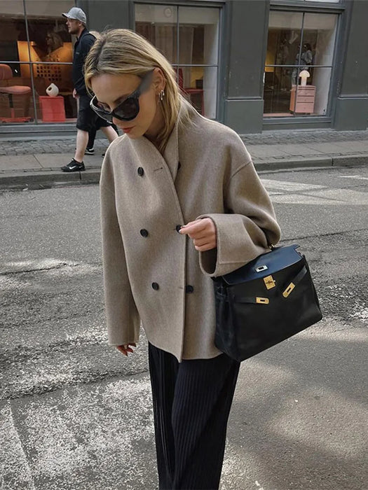 Retro Loose Casual Woolen Coats Double Breasted Stand Collar Short Jacket