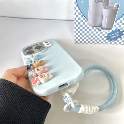 3D labubu Cartoon Phone Case For iPhone 16 15 14 13  Plus Pro Max With Wrist Strap Cute Eyes Soft Cover