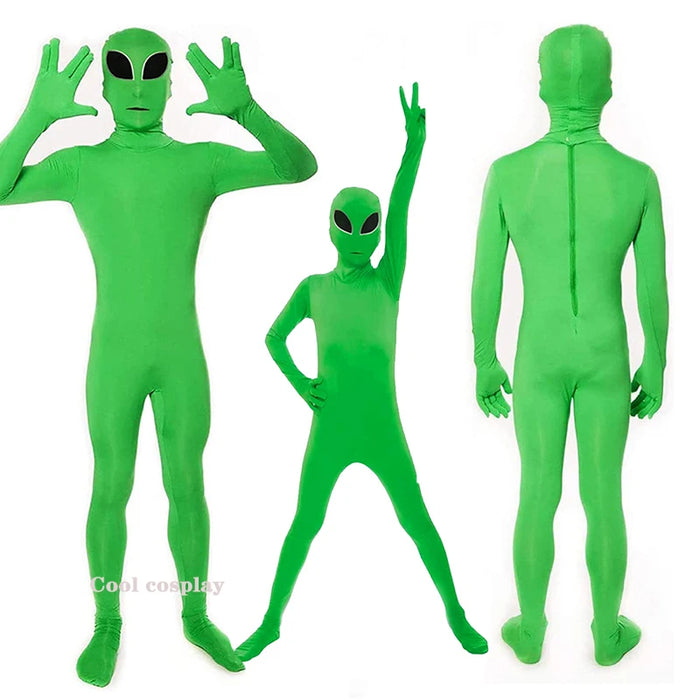 Kids Adult ET Alien Cosplay Costume Zentai Jumpsuits Green ET Alien Mascot Halloween Carnival Masquerade Bodysuit Suit