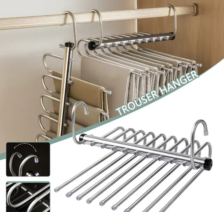 Stainless Steel Folding Pants Hanger – Multi-Layer Magic Clips & Retractable Space-Saving Organizer
