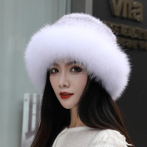 New Women Winter Luxury Knitted Real Mink Fur Bomber Hat Natural Warm Fox Fur Cap Girls Quality Soft 100% Genuine Mink Fur Hats