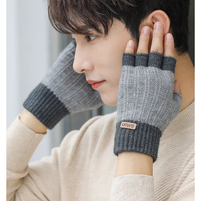 Men Winter Half Finger Knitted Elastic Gloves for Driving