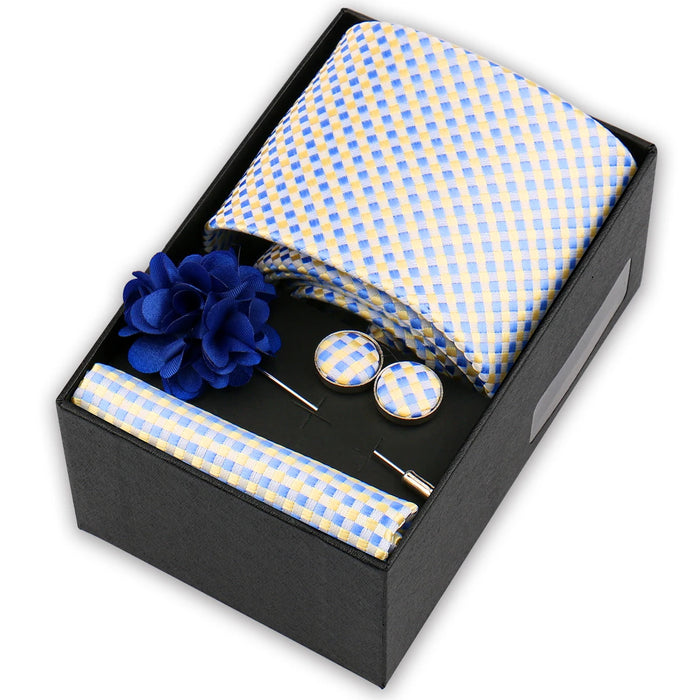 Men's tie gift set, style BBJ-03: tie, pocket square, cufflinks and pins in a gift box