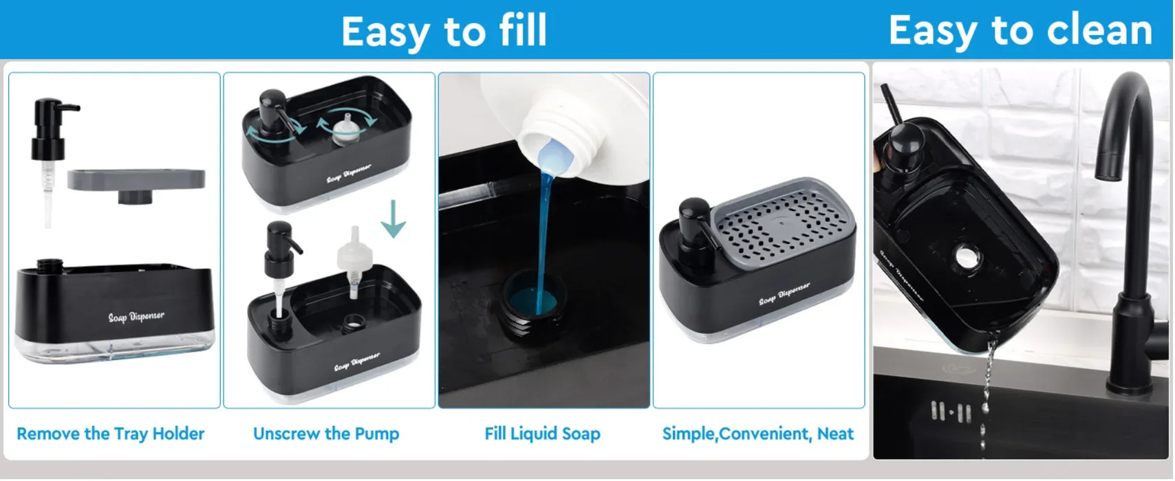 Hand and Dish Soap Dispenser Dual Soap Dispenser with Sponge Holder 3-in-1 Countertop Soap Pump Dispenser for Kitchen Sink