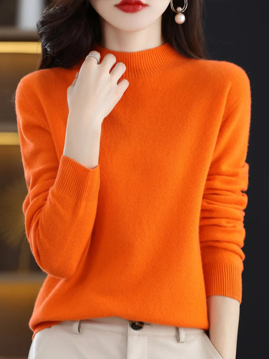Fashion 100% Wool Sweater Women's Mock-Neck Knitwear Cashmere Pullovers Autumn Winter Long Sleeve Jumpers Clothing Tops