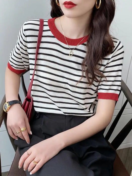 2026 Stripe Tops Women Knitted Round Collar Summer Print Short Sleeve Casual Simple Wild T-Shirt