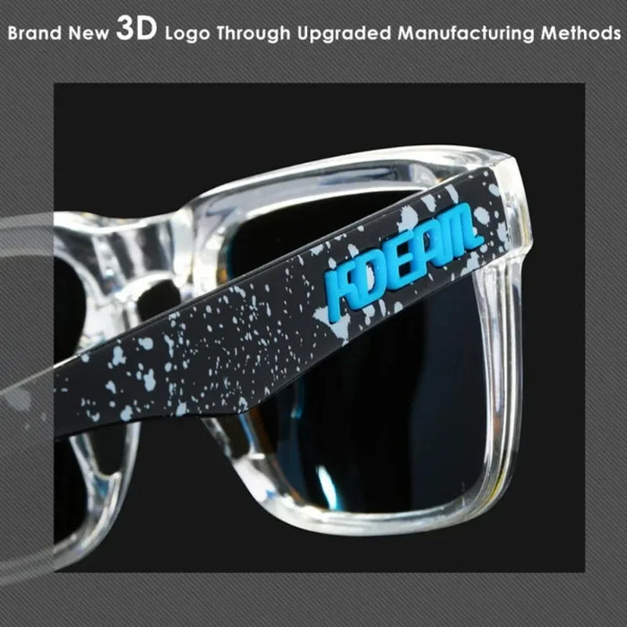 Close-up of the KDEAM logo on a speckled clear frame