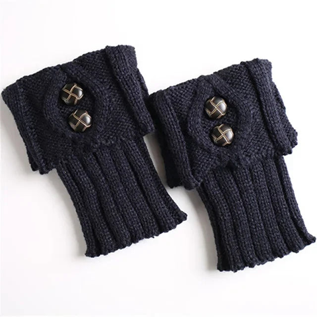 Pair of navy knit leg warmers with two buttons