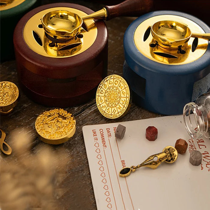 Red and blue wax melting stoves with spoons and wax seals