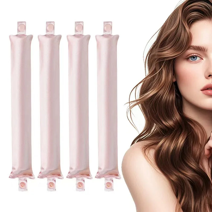 Four pink satin curling rods beside a woman with wavy hair