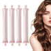 Four pink satin curling rods beside a woman with wavy hair